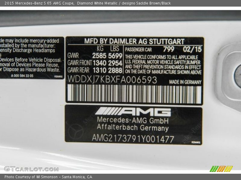 2015 S 65 AMG Coupe Diamond White Metallic Color Code 799