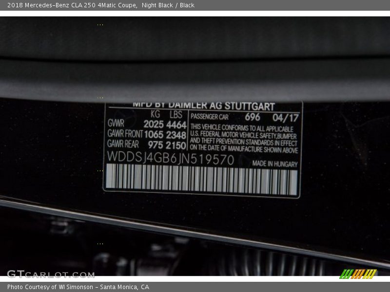 2018 CLA 250 4Matic Coupe Night Black Color Code 696