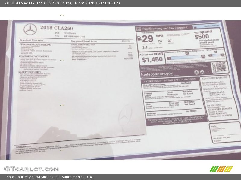  2018 CLA 250 Coupe Window Sticker