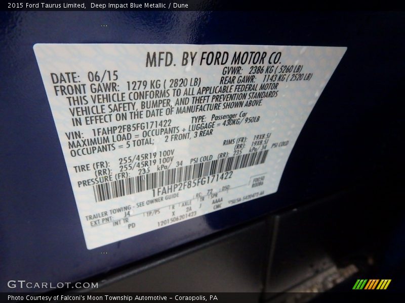 Deep Impact Blue Metallic / Dune 2015 Ford Taurus Limited