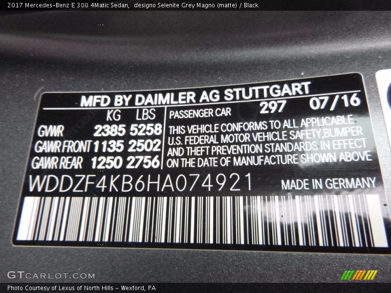 2017 E 300 4Matic Sedan designo Selenite Grey Magno (matte) Color Code 297