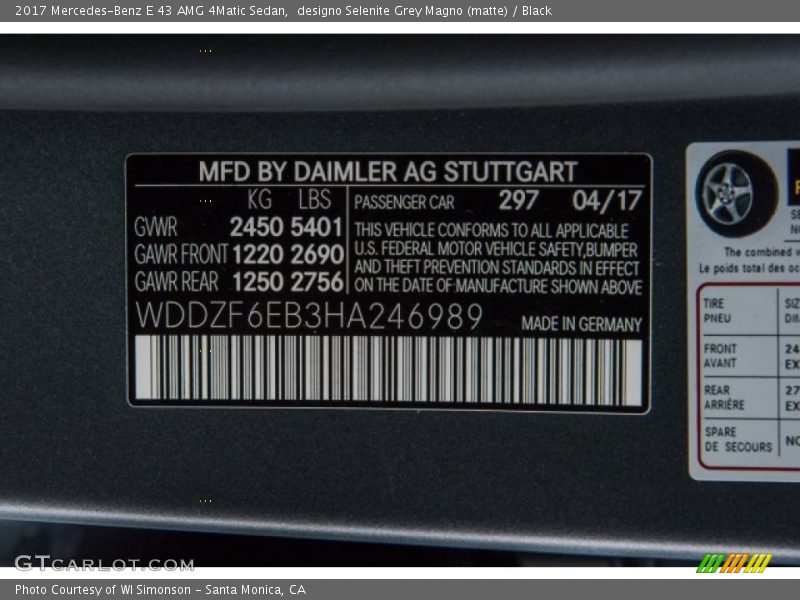 2017 E 43 AMG 4Matic Sedan designo Selenite Grey Magno (matte) Color Code 297