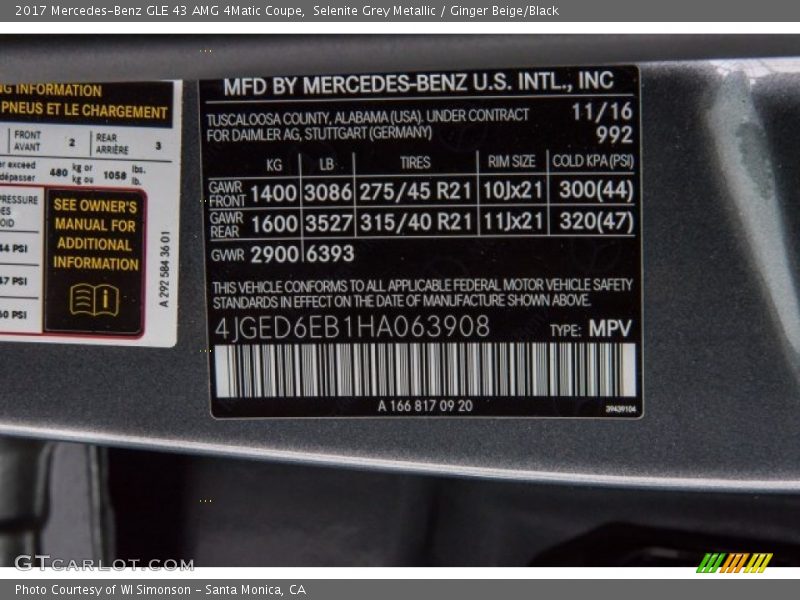 2017 GLE 43 AMG 4Matic Coupe Selenite Grey Metallic Color Code 992
