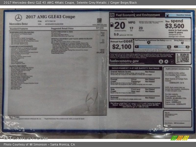  2017 GLE 43 AMG 4Matic Coupe Window Sticker