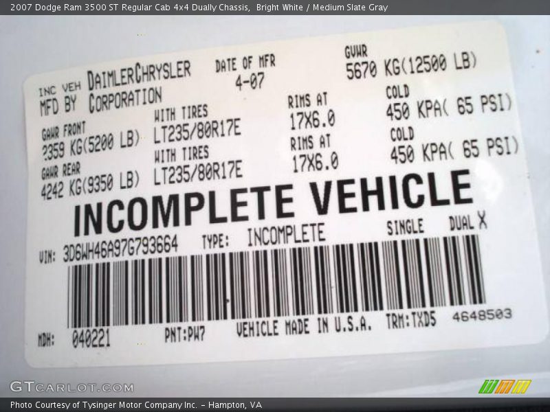 Bright White / Medium Slate Gray 2007 Dodge Ram 3500 ST Regular Cab 4x4 Dually Chassis