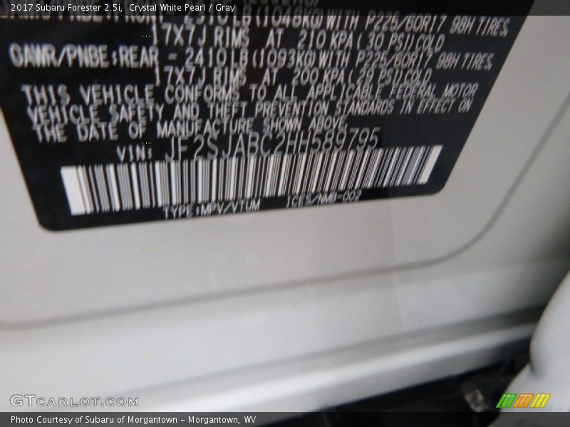 Crystal White Pearl / Gray 2017 Subaru Forester 2.5i