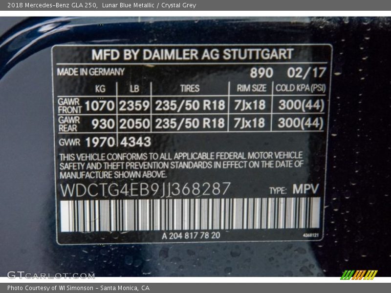 2018 GLA 250 Lunar Blue Metallic Color Code 890