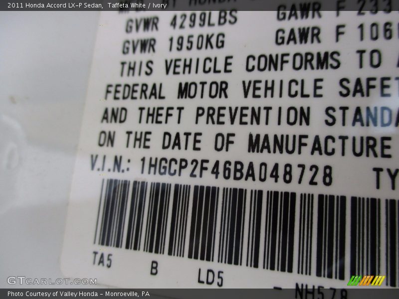 Taffeta White / Ivory 2011 Honda Accord LX-P Sedan