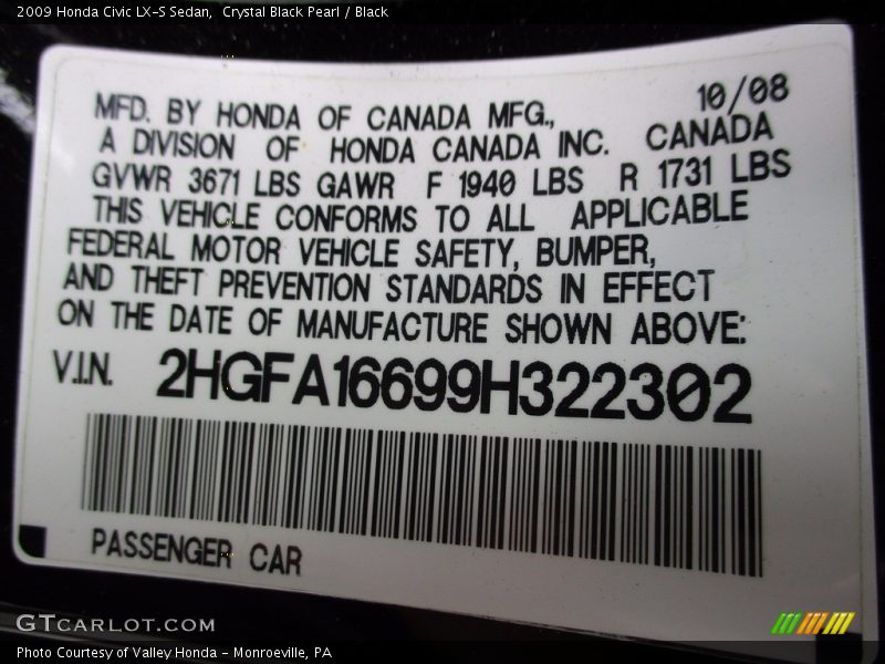 Crystal Black Pearl / Black 2009 Honda Civic LX-S Sedan