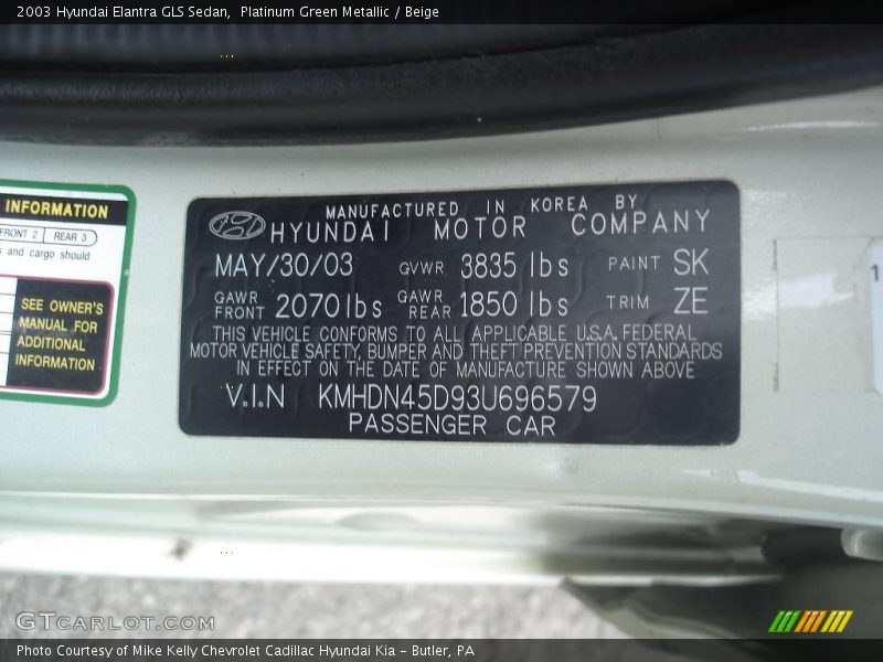 Platinum Green Metallic / Beige 2003 Hyundai Elantra GLS Sedan
