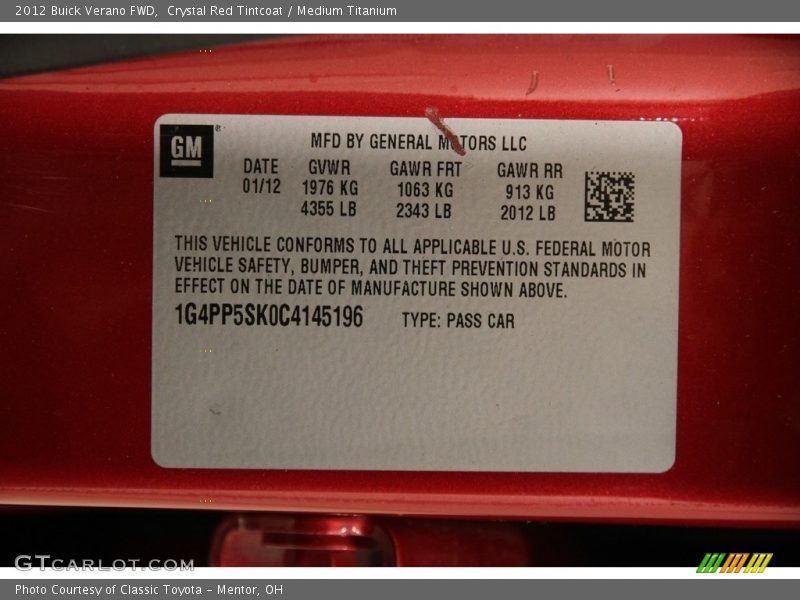 Crystal Red Tintcoat / Medium Titanium 2012 Buick Verano FWD