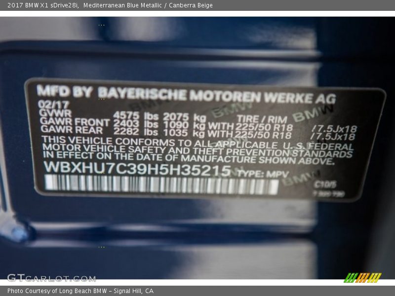 Mediterranean Blue Metallic / Canberra Beige 2017 BMW X1 sDrive28i