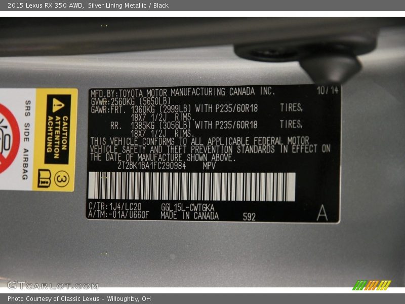 Silver Lining Metallic / Black 2015 Lexus RX 350 AWD