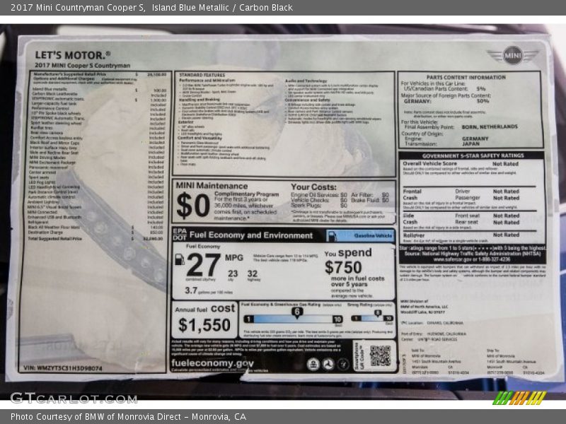Island Blue Metallic / Carbon Black 2017 Mini Countryman Cooper S