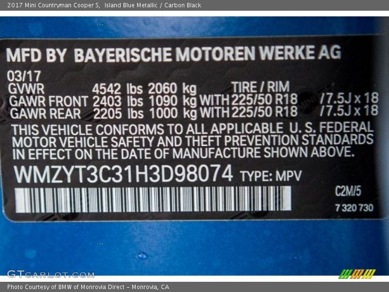 Island Blue Metallic / Carbon Black 2017 Mini Countryman Cooper S