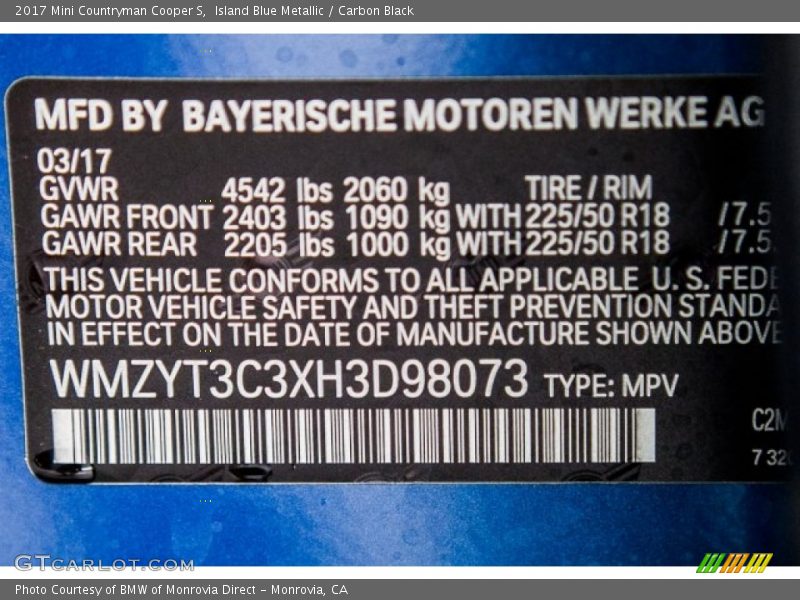 Island Blue Metallic / Carbon Black 2017 Mini Countryman Cooper S