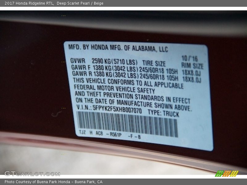 Deep Scarlet Pearl / Beige 2017 Honda Ridgeline RTL