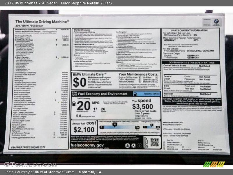  2017 7 Series 750i Sedan Window Sticker