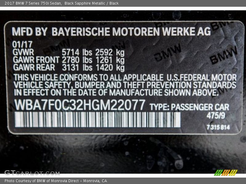 2017 7 Series 750i Sedan Black Sapphire Metallic Color Code 475