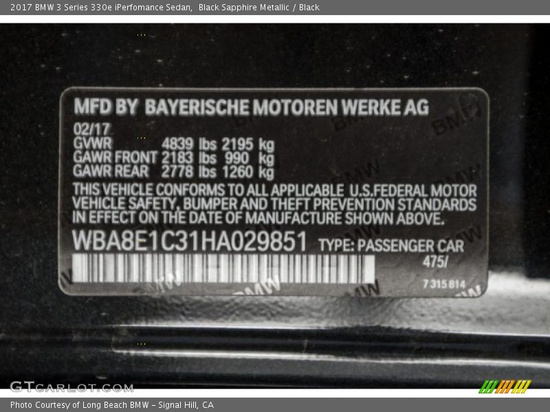Black Sapphire Metallic / Black 2017 BMW 3 Series 330e iPerfomance Sedan