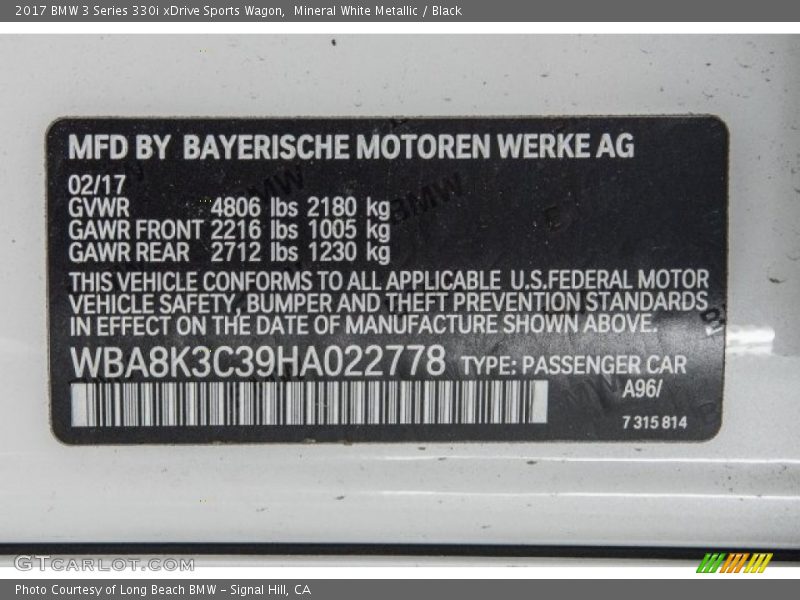 Mineral White Metallic / Black 2017 BMW 3 Series 330i xDrive Sports Wagon