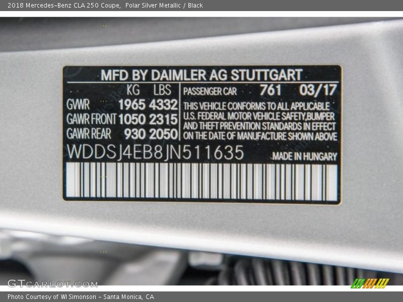 2018 CLA 250 Coupe Polar Silver Metallic Color Code 761