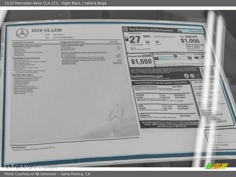  2018 GLA 250 Window Sticker