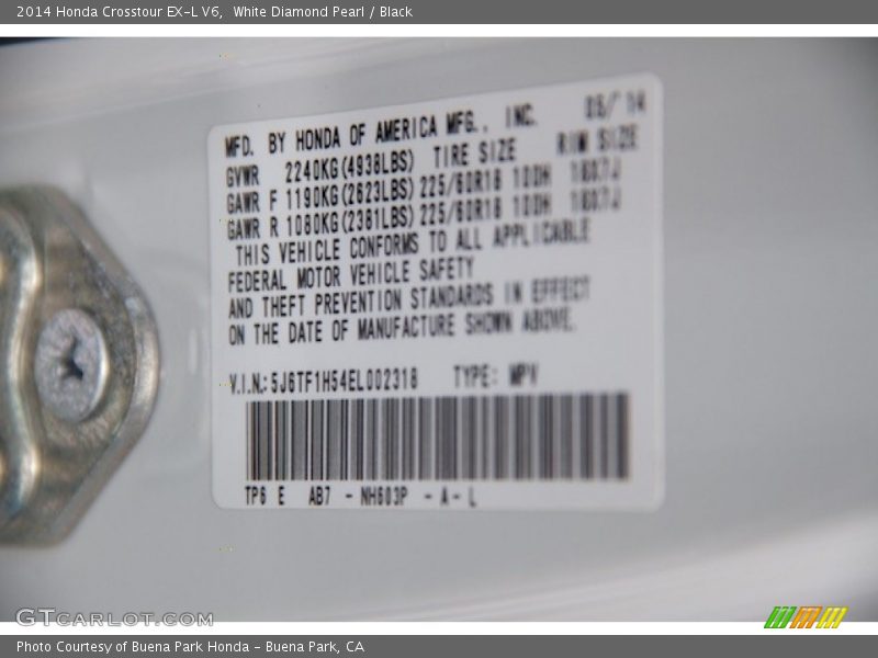 White Diamond Pearl / Black 2014 Honda Crosstour EX-L V6