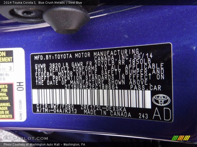 Blue Crush Metallic / Steel Blue 2014 Toyota Corolla S