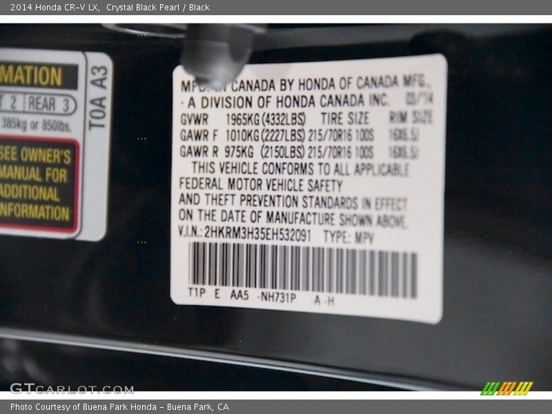 Crystal Black Pearl / Black 2014 Honda CR-V LX