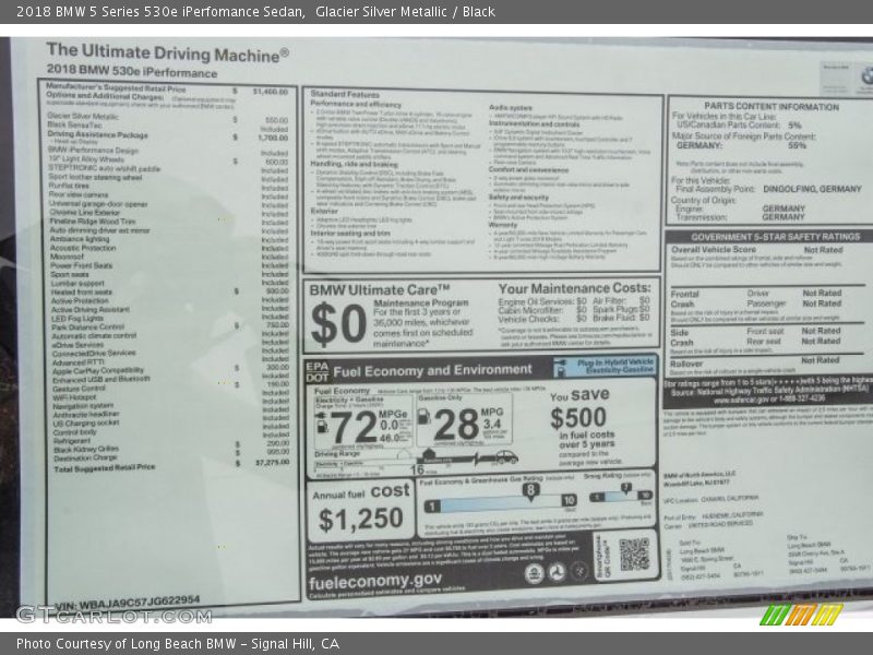  2018 5 Series 530e iPerfomance Sedan Window Sticker