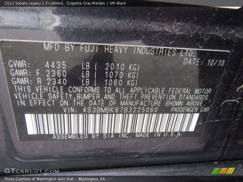 Graphite Gray Metallic / Off-Black 2011 Subaru Legacy 2.5i Limited