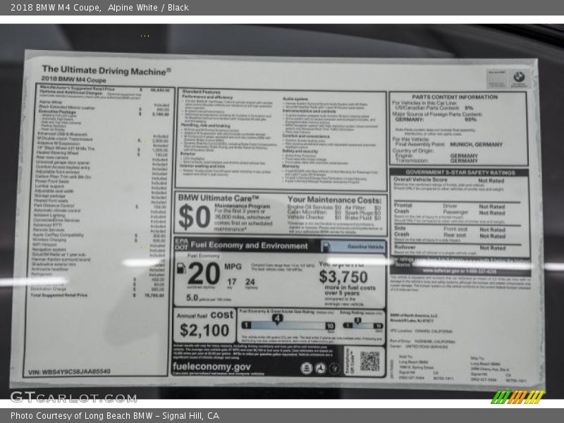  2018 M4 Coupe Window Sticker