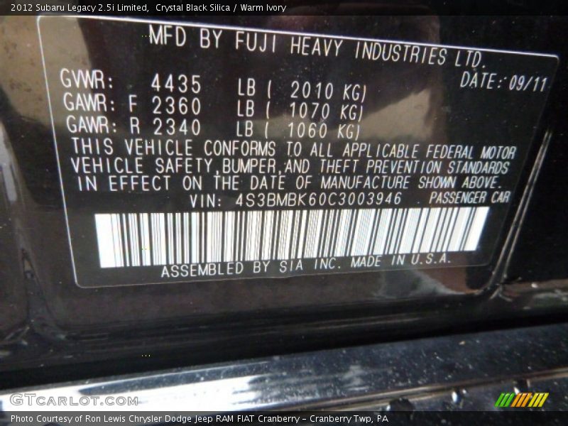 Crystal Black Silica / Warm Ivory 2012 Subaru Legacy 2.5i Limited