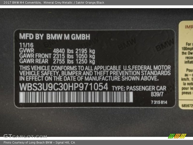 2017 M4 Convertible Mineral Grey Metallic Color Code B39