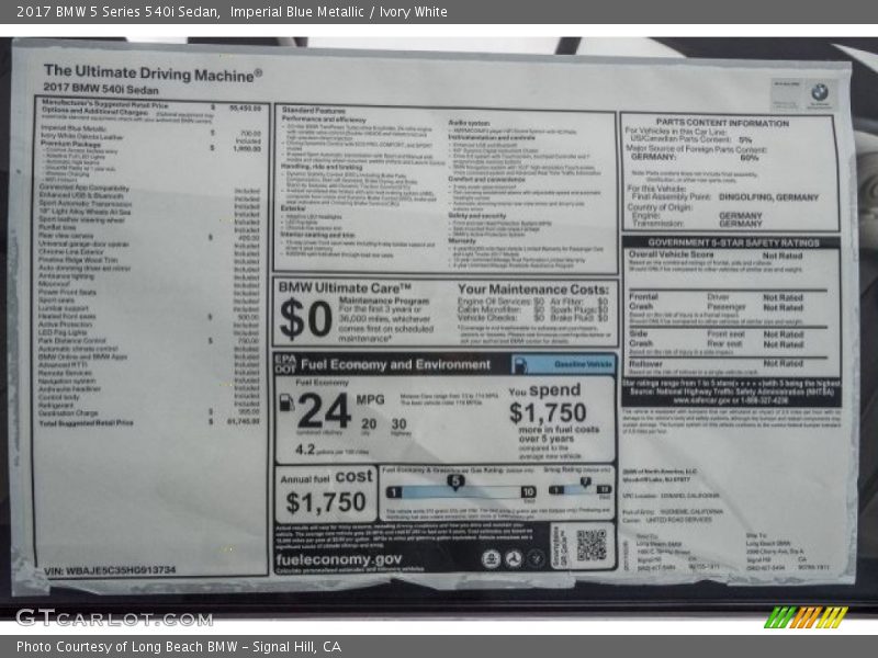  2017 5 Series 540i Sedan Window Sticker
