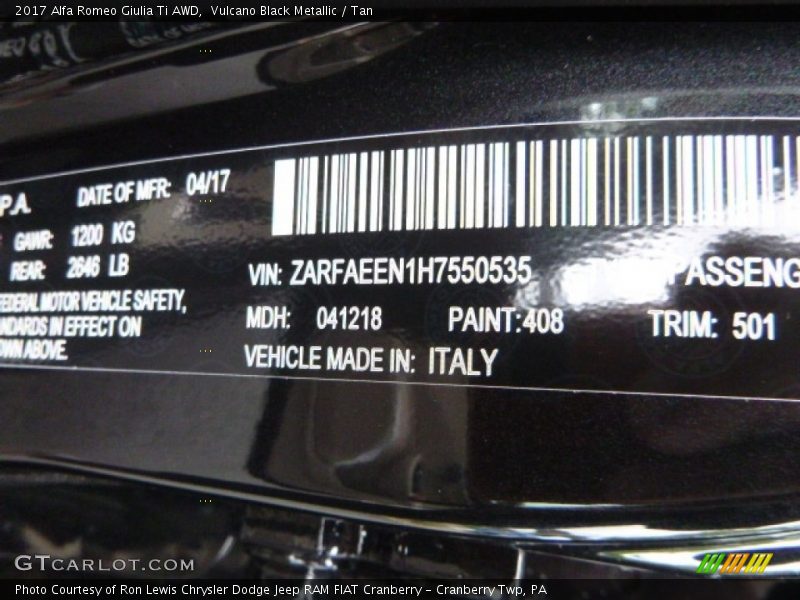2017 Giulia Ti AWD Vulcano Black Metallic Color Code 408