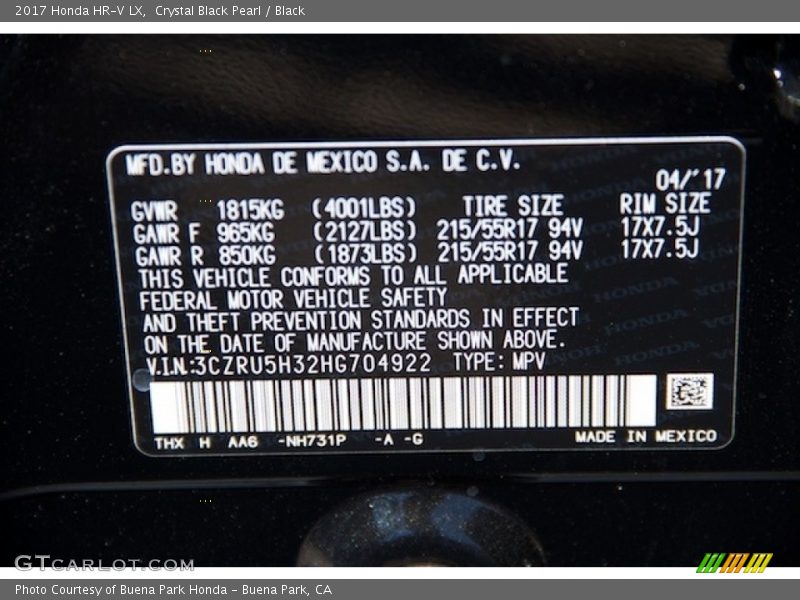 Crystal Black Pearl / Black 2017 Honda HR-V LX