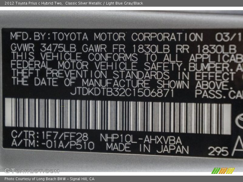 Classic Silver Metallic / Light Blue Gray/Black 2012 Toyota Prius c Hybrid Two