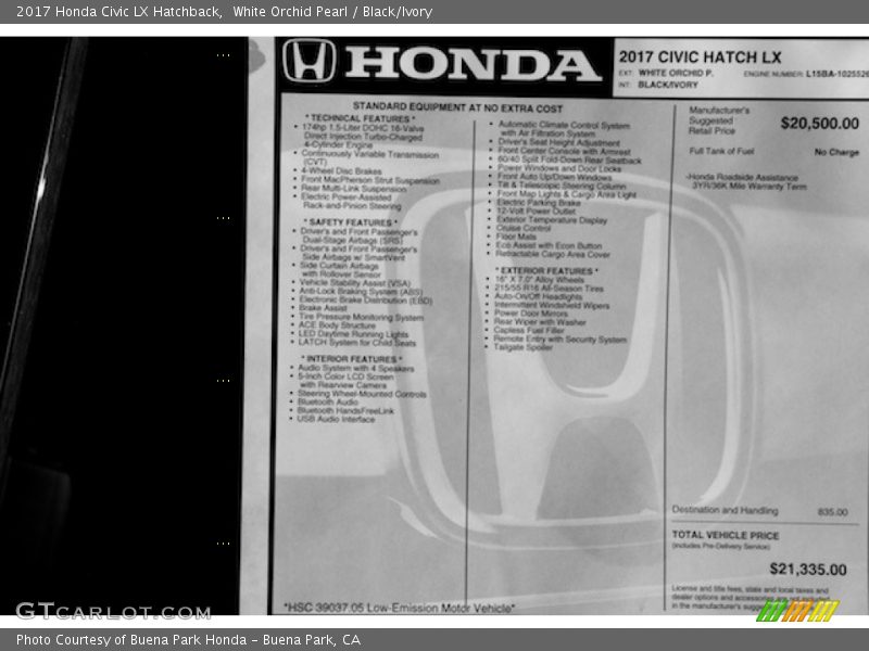 White Orchid Pearl / Black/Ivory 2017 Honda Civic LX Hatchback