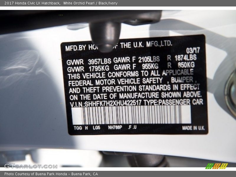 White Orchid Pearl / Black/Ivory 2017 Honda Civic LX Hatchback