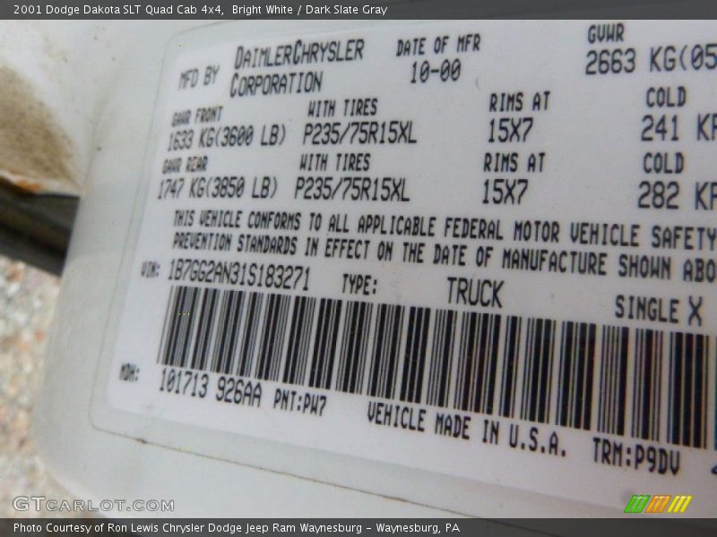 Bright White / Dark Slate Gray 2001 Dodge Dakota SLT Quad Cab 4x4