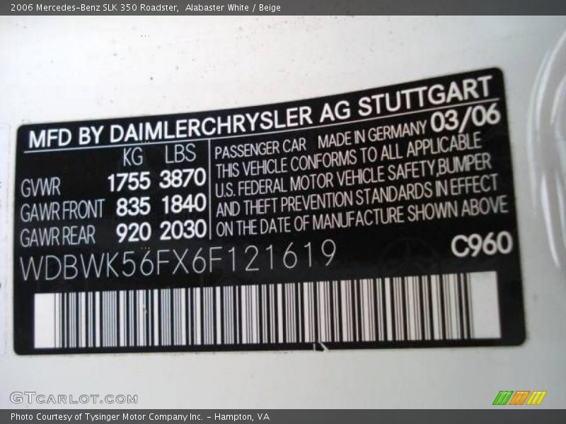 Alabaster White / Beige 2006 Mercedes-Benz SLK 350 Roadster