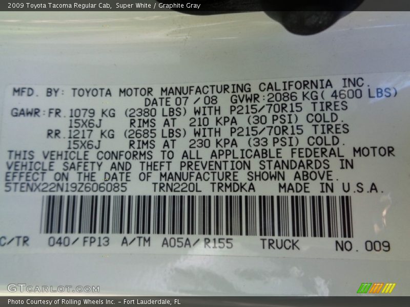2009 Tacoma Regular Cab Super White Color Code 040