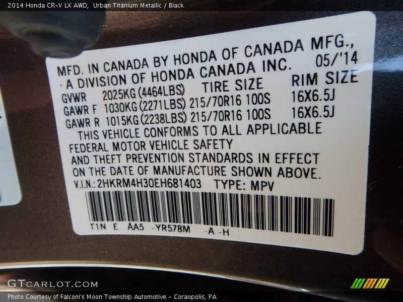 Urban Titanium Metallic / Black 2014 Honda CR-V LX AWD