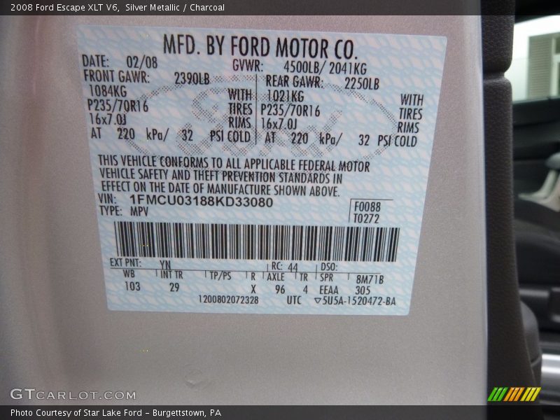 Silver Metallic / Charcoal 2008 Ford Escape XLT V6