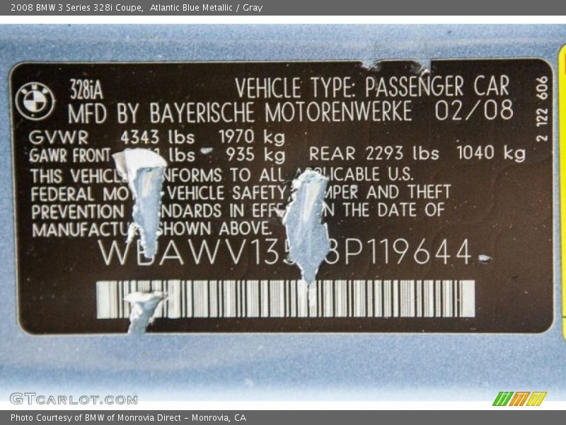Atlantic Blue Metallic / Gray 2008 BMW 3 Series 328i Coupe