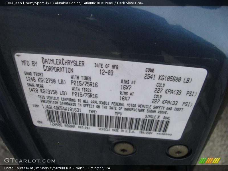 Atlantic Blue Pearl / Dark Slate Gray 2004 Jeep Liberty Sport 4x4 Columbia Edition