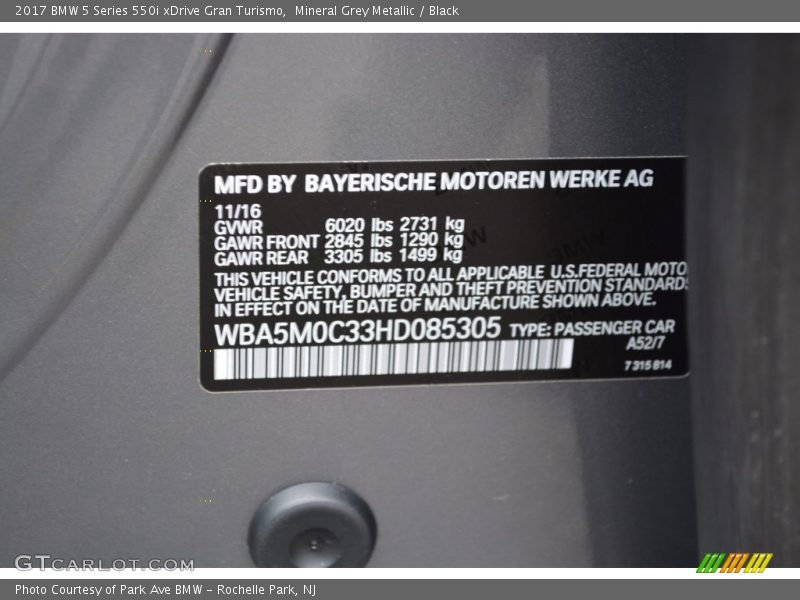 2017 5 Series 550i xDrive Gran Turismo Mineral Grey Metallic Color Code A52