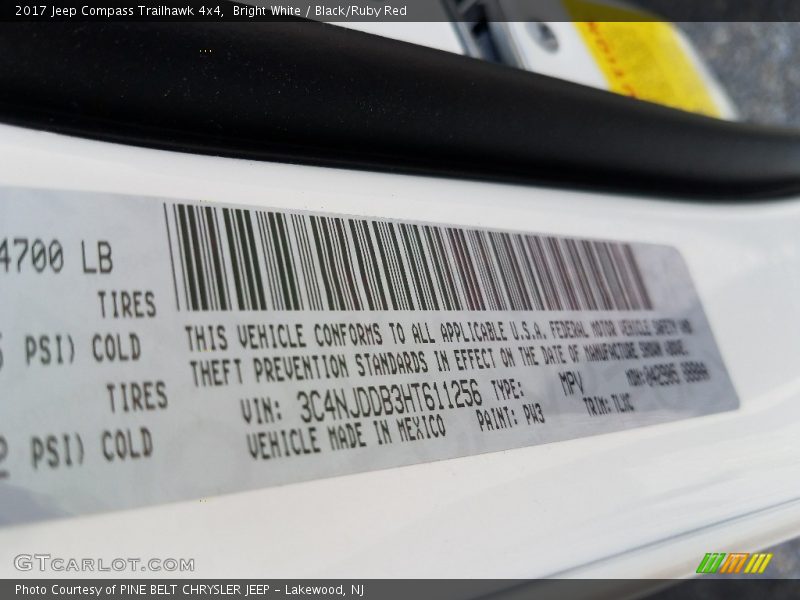 2017 Compass Trailhawk 4x4 Bright White Color Code PW3